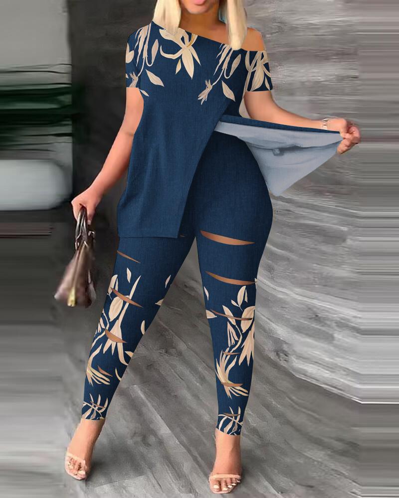 

Plus Size Plants Print Split Hem Top & Ladder Cutout Pants Set, Blue