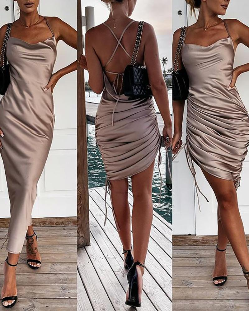 

Satin Drawstring Crisscross Backless Cowl Neck Dress, Champagne