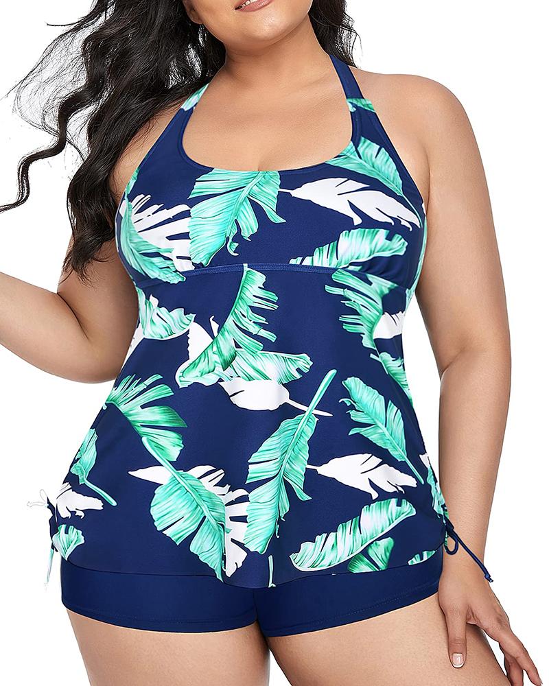 

Plus Size Tropical Print Tied Detail Tankini Set, Blue