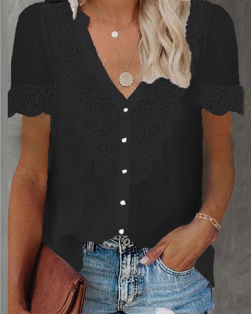 

Contrast Lace Short Sleeve Button Front Shirt, Black
