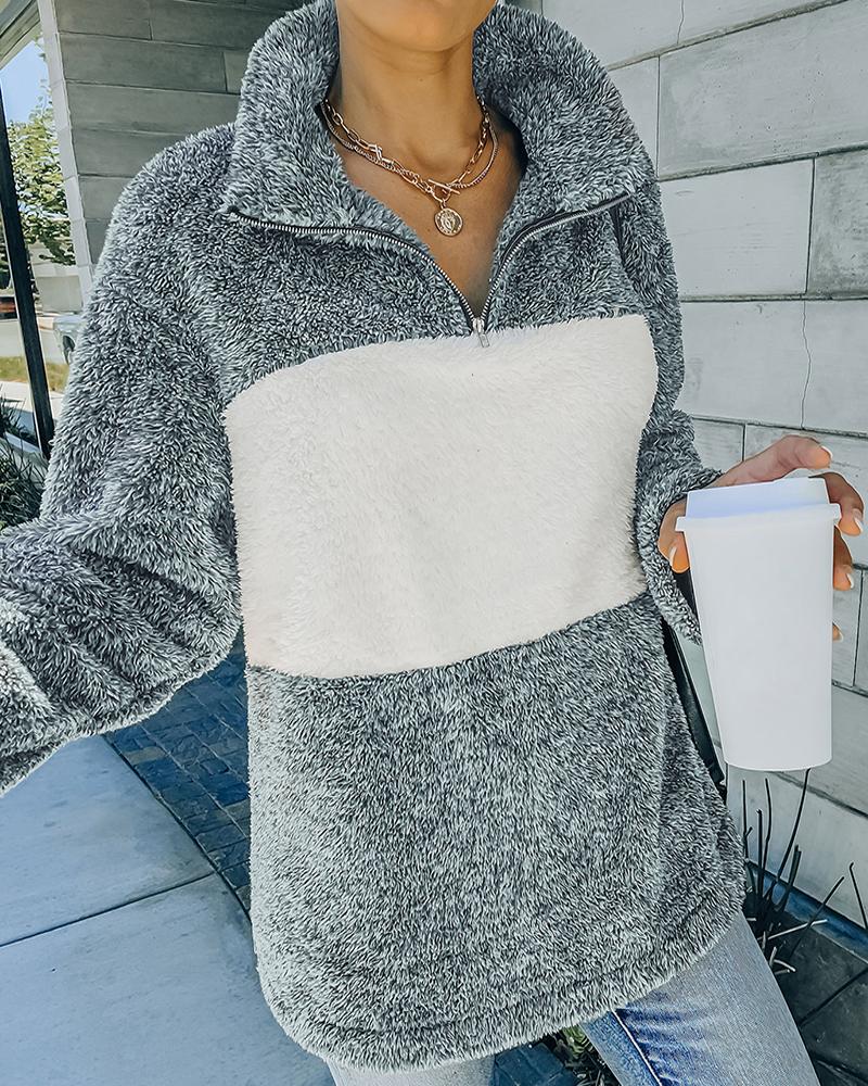

Colorblock Long Sleeve Zipper Design Fluffy Sweatshirt, Gray