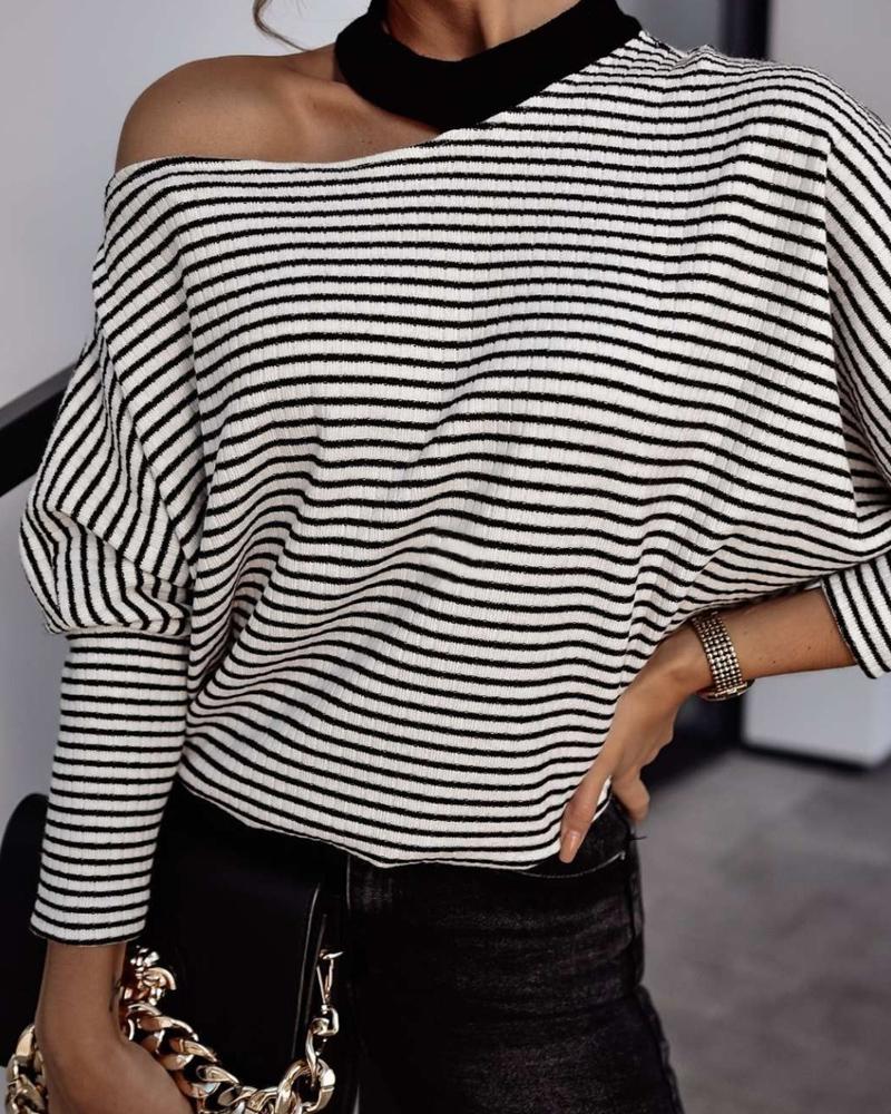 

Striped Print Cold Shoulder Casual Top, White