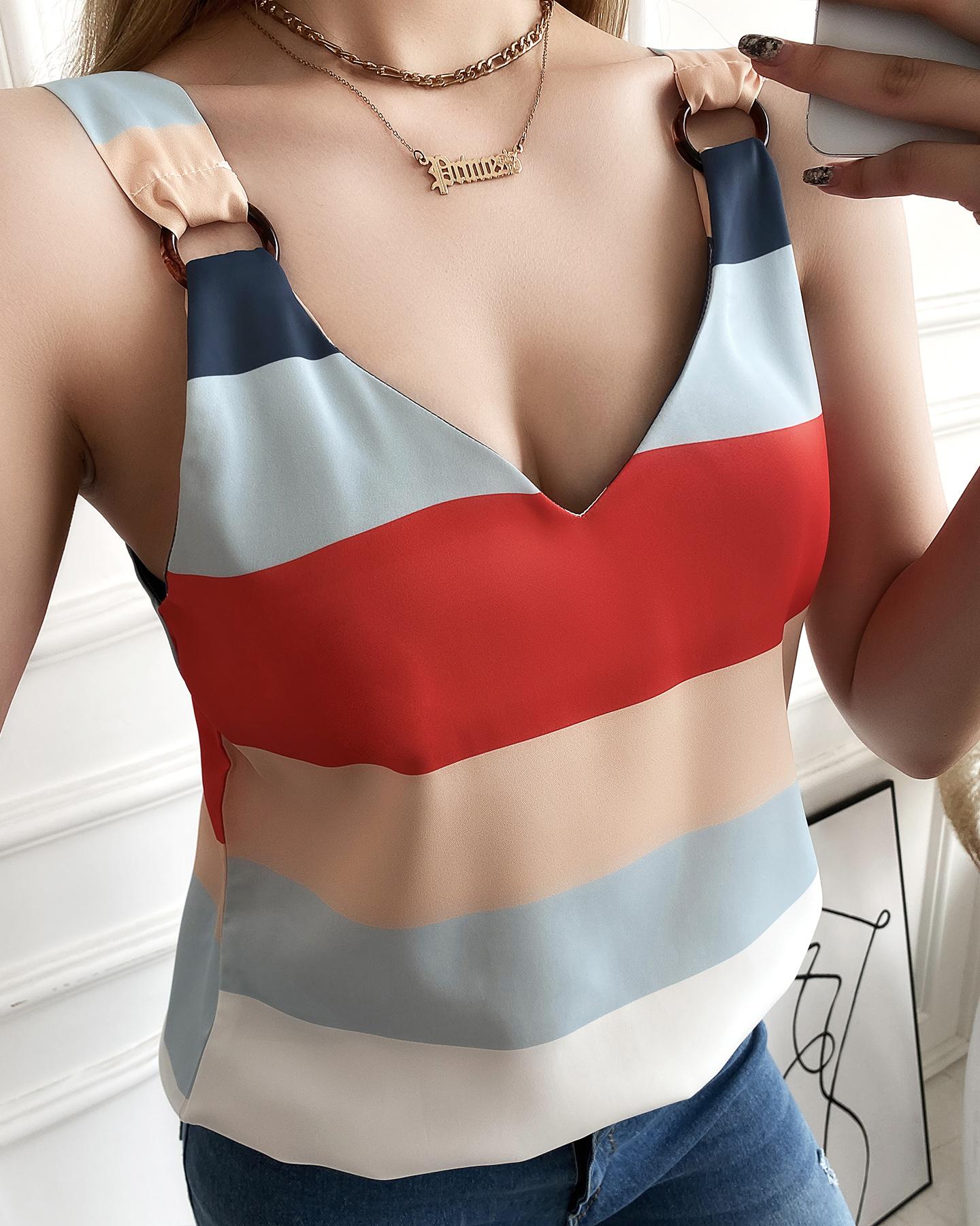 

Striped Metal Ring Casual Tank Top, Multicolor