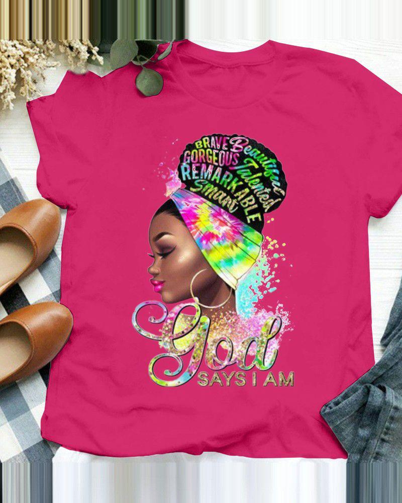 

Figure Letter Print Casual T-shirt, Hot pink