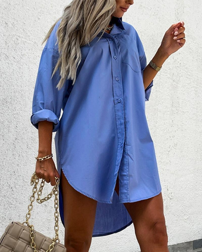 

Long Sleeve Button Down Shirt Dress, Blue