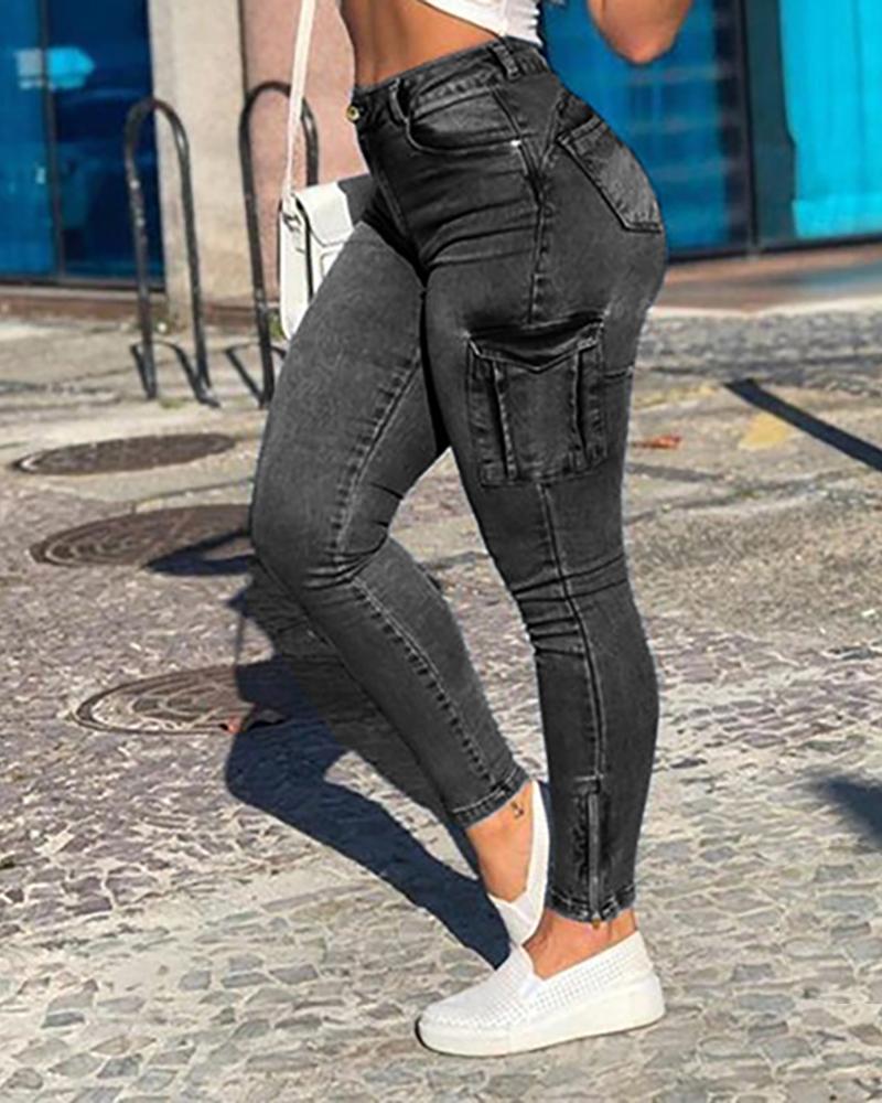 

Buttoned Pocket Design Casual Jeans, Black