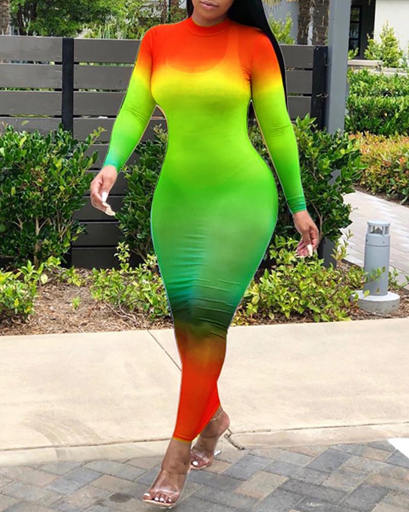 

Long Sleeve Colorblock Sheer Maxi Dress, Orange
