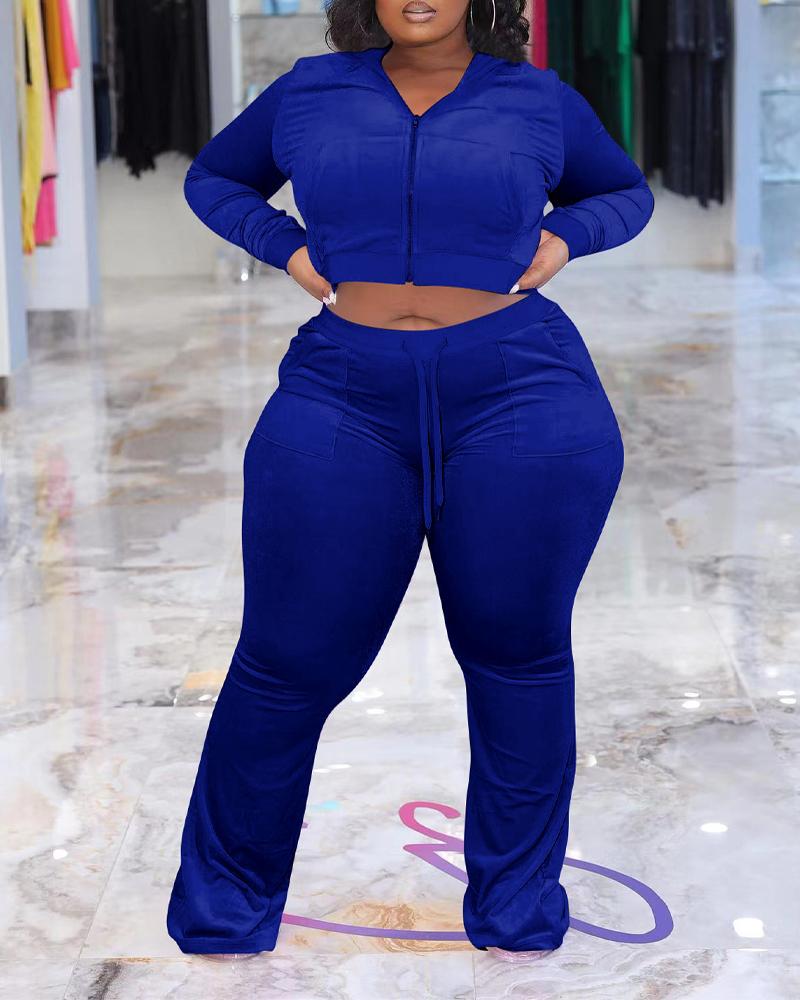 

Plus Size Velvet Hooded Zip Up Crop Top & Pants Set, Blue