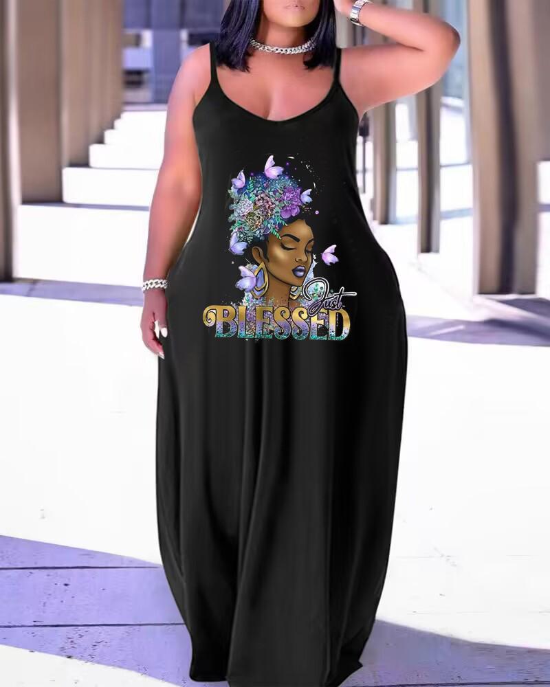

Plus Size Just Blessed Figure Print Spaghetti Strap Maxi Dress, Black