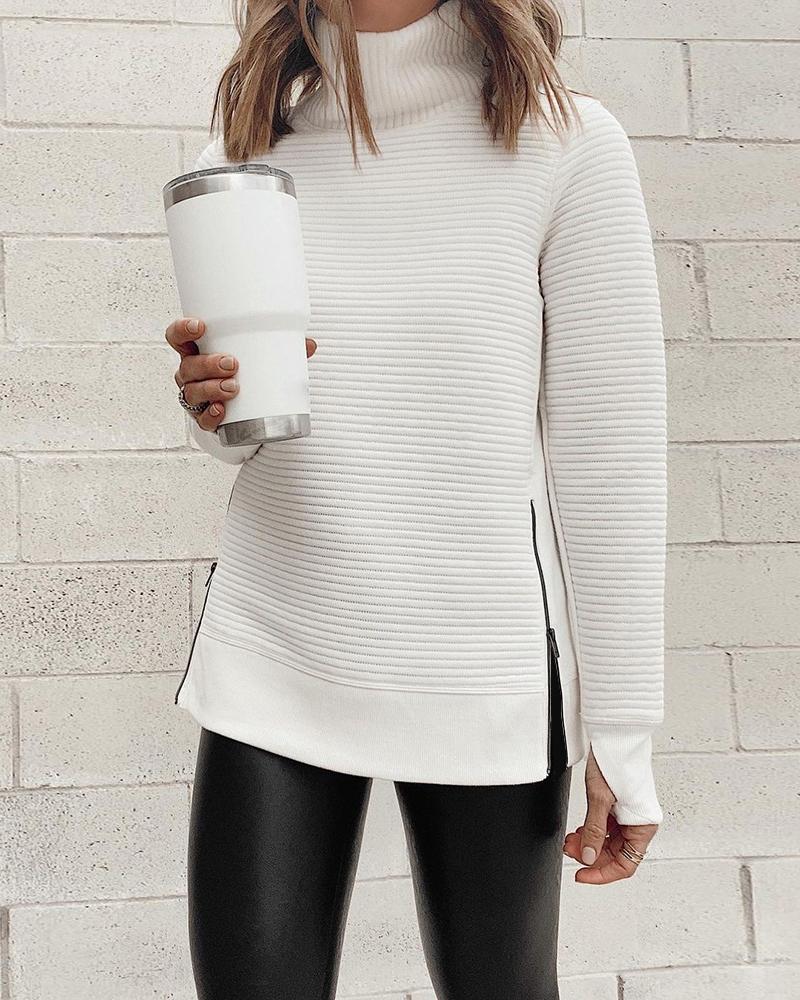 

High Neck Zipper Design Long Sleeve Knit Sweatshirt, White