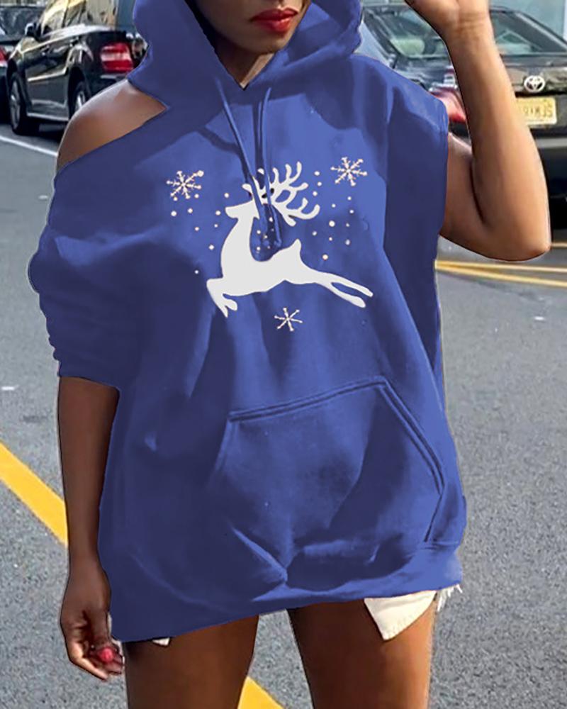 

Christmas Reindeer Print Cold Shoulder Long Sleeve Hoodie, Blue