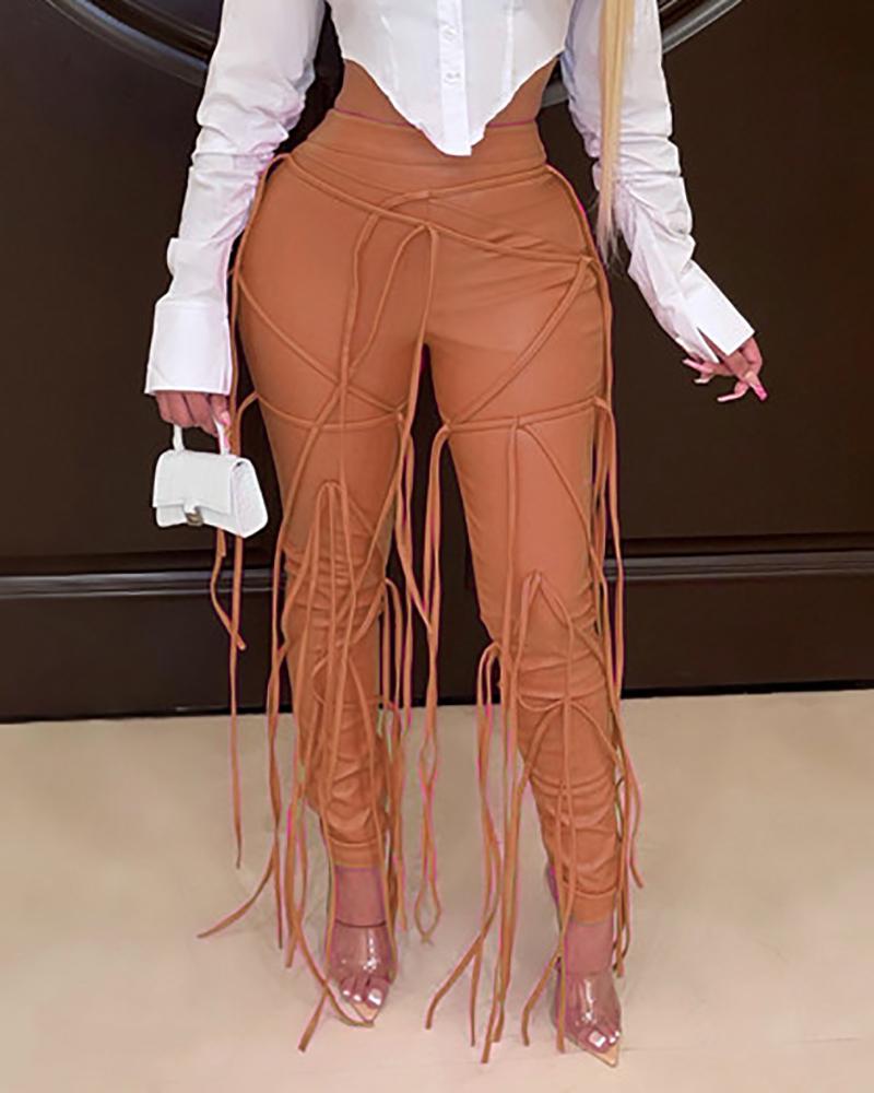 

PU Leather Strap Decor High Waist Skinny Pants, Khaki