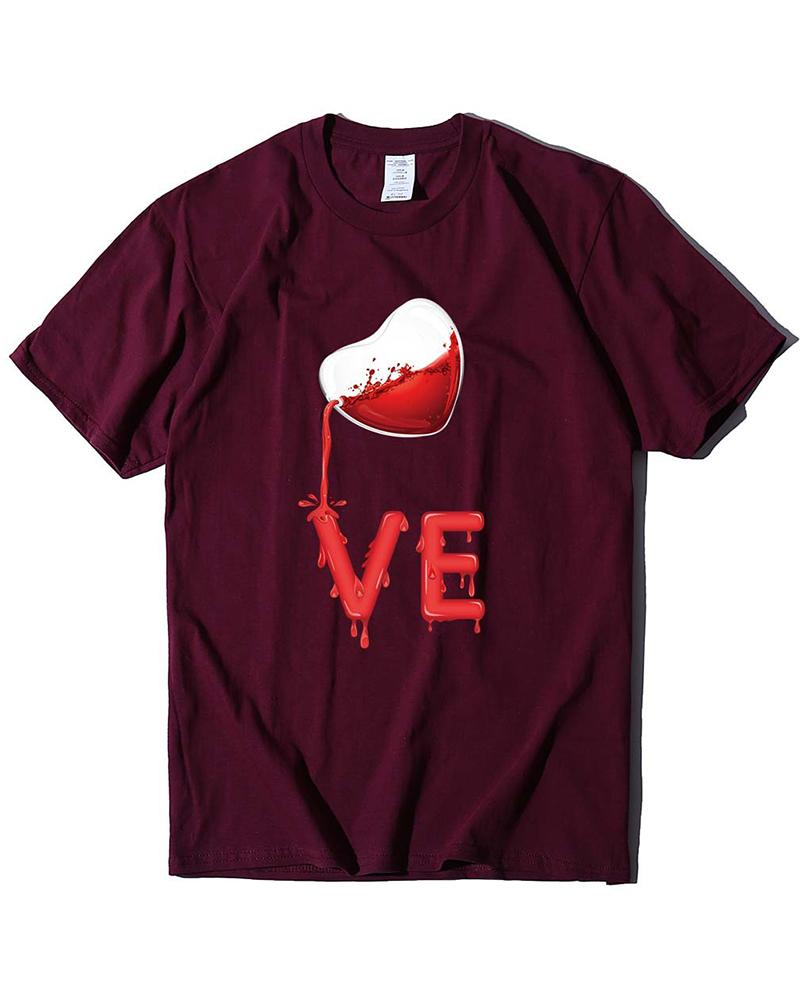 

Valentine' Day Letter Heart Print T-shirt For Women, Wine red