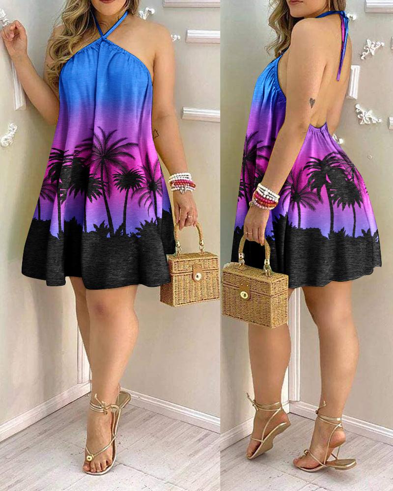 

Palm Tree Print Halter Backless Casual Dress, Purple