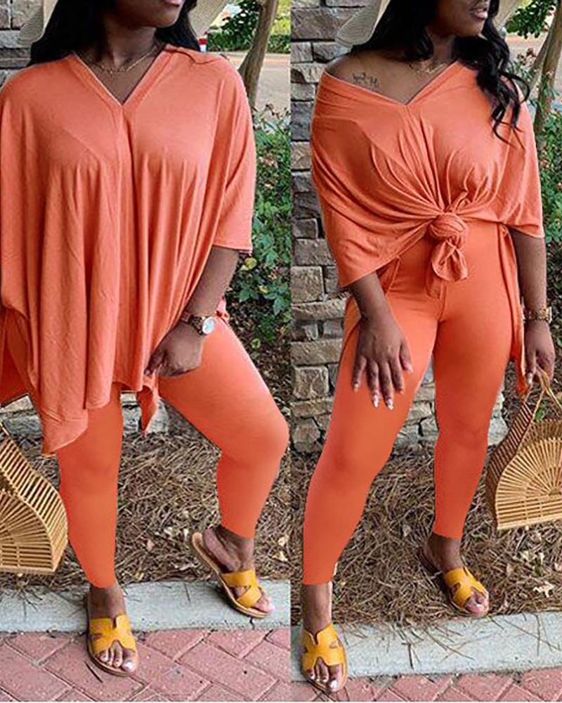 

Solid Casual Crop Top & Pants Set, Orange