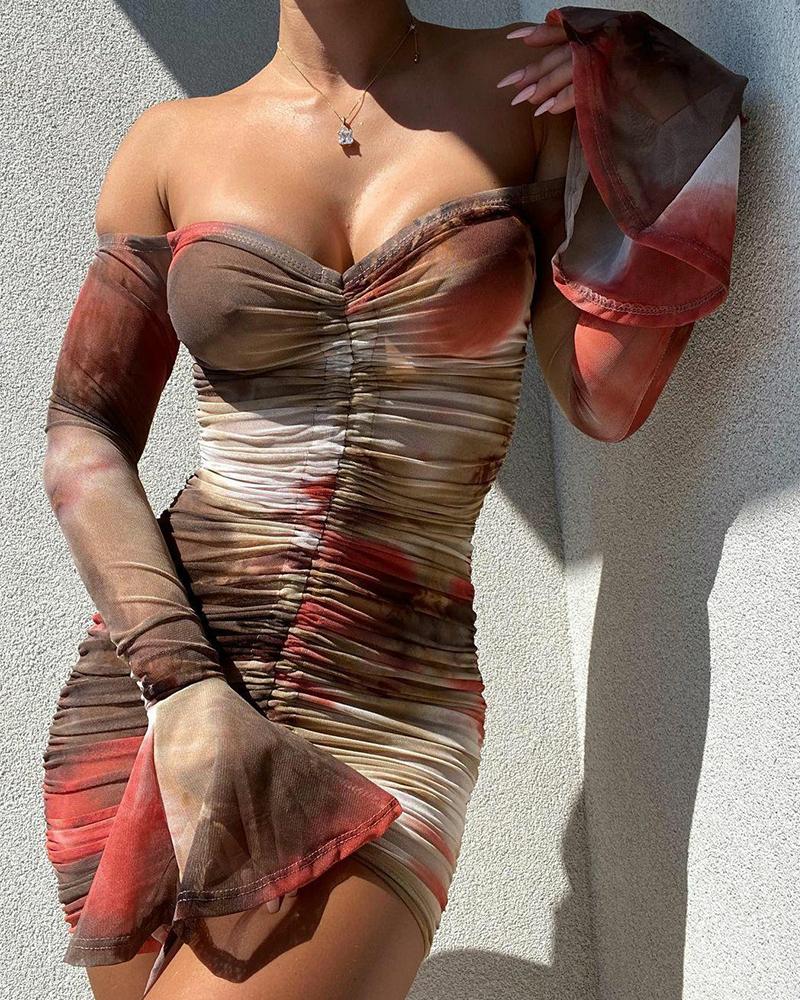

Tie Dye Off Shoulder Flared Sleeve Ruched Bodycon Dress, Brown