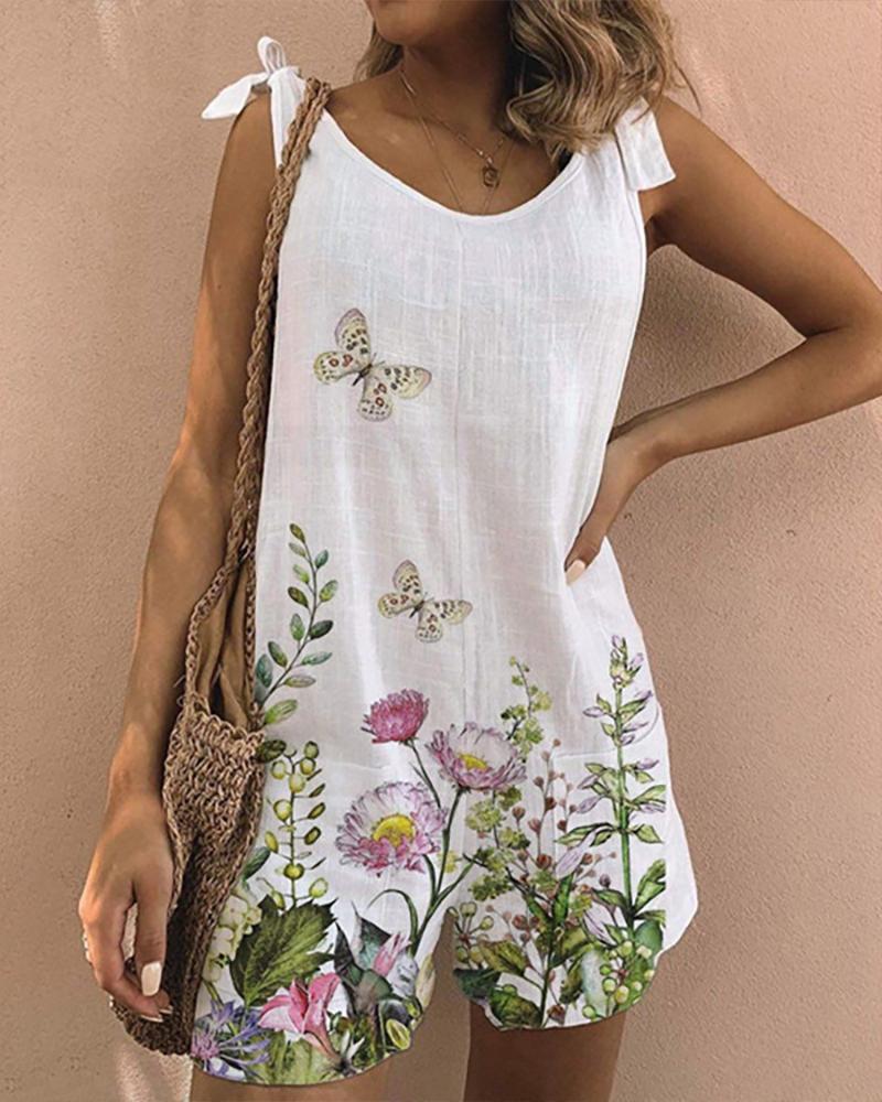 

Floral Butterfly Print Tied Detail Romper, White