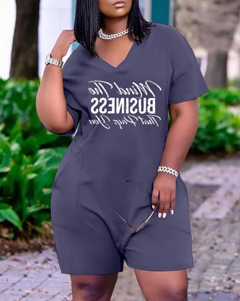 

Letter Print Pocket Design Casual Romper, Blue
