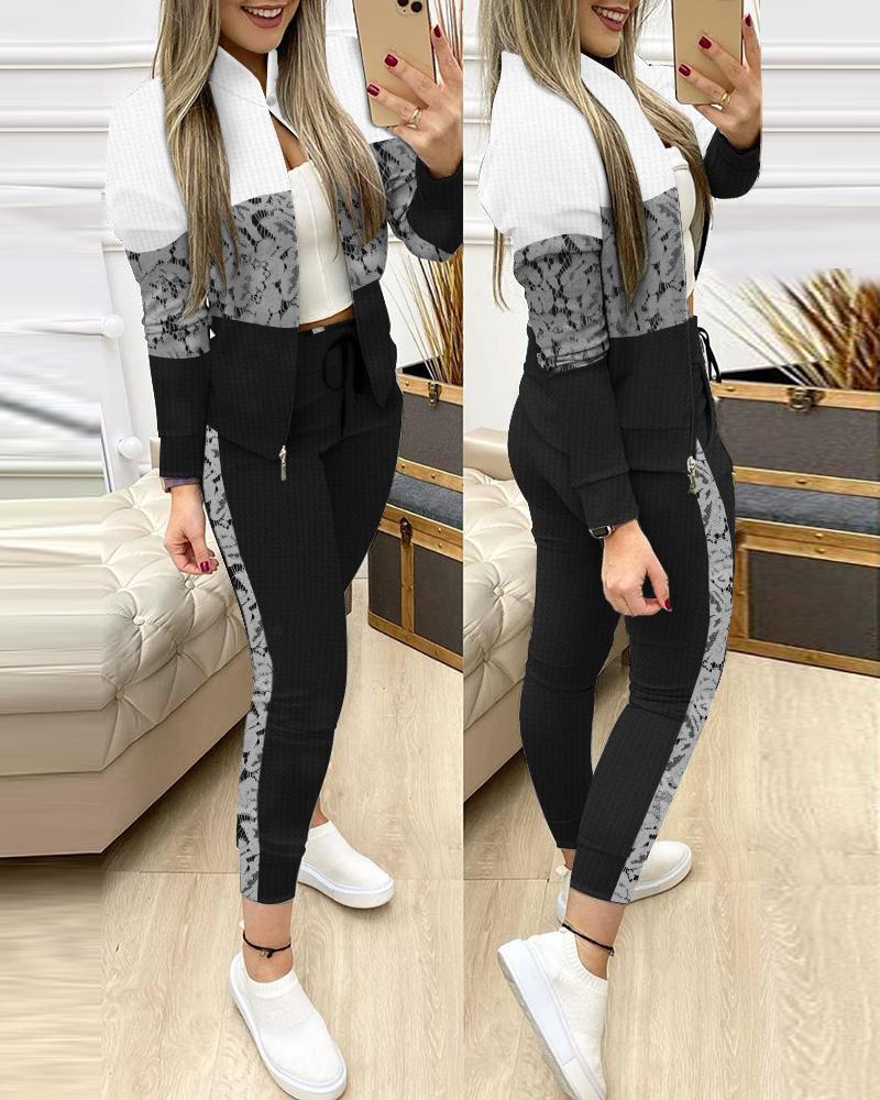

Colorblock Contrast Lace Zip Up Jacket & Pants Set, Blackwhite