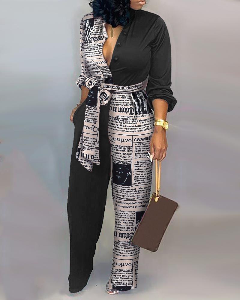 

Letter Print Casual Knotted Jumpsuit Loose Casual Jumpsuit, Black