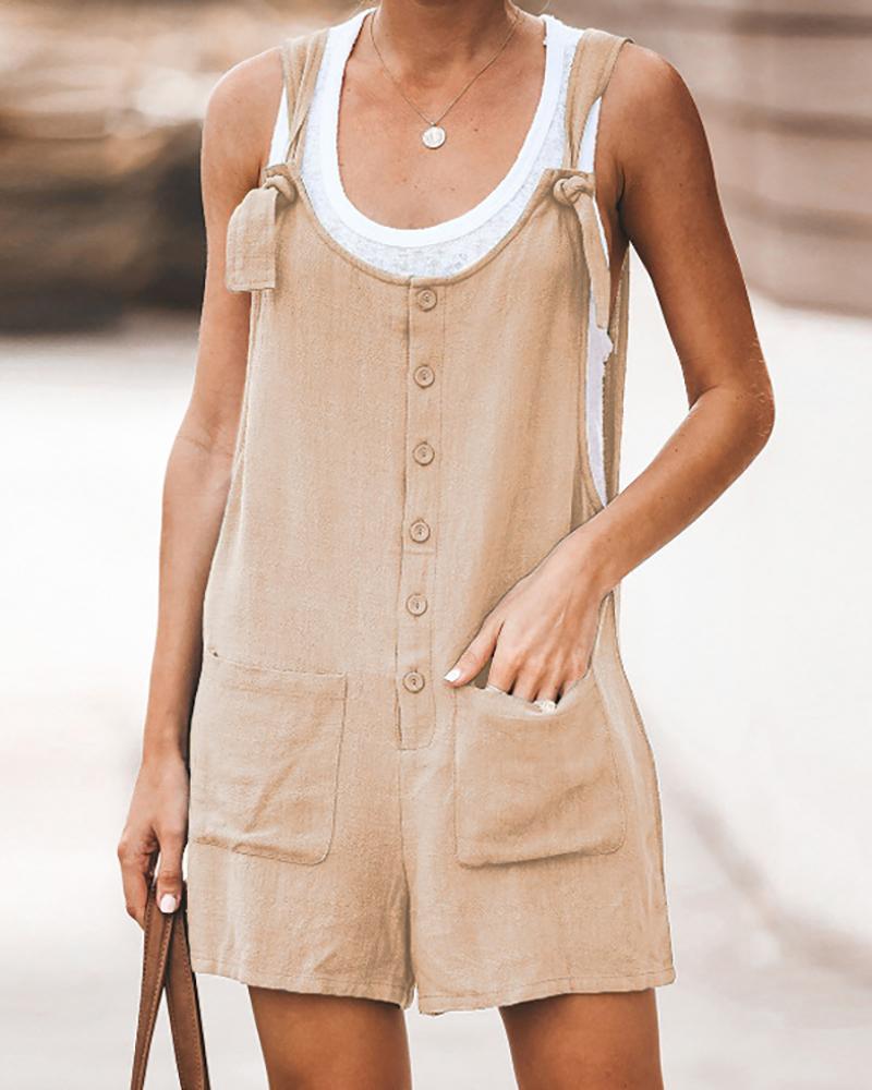 

Solid Button Up Suspender Romper, Khaki