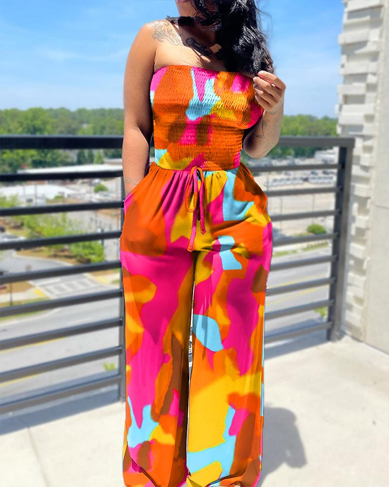 

Colorblock Shirred Pocket Design Drawstring Wide Leg Jumpsuit, Multicolor
