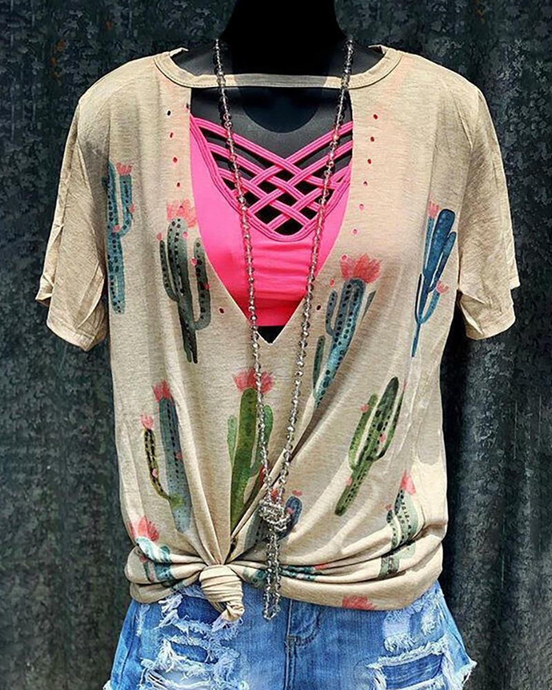 

Cactus Sunflower Print Cut Out Casual T-shirt, Green