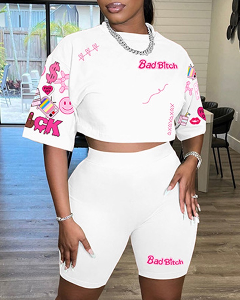 

Cartoon Letter Graphic Print T-shirt & Shorts Set, White
