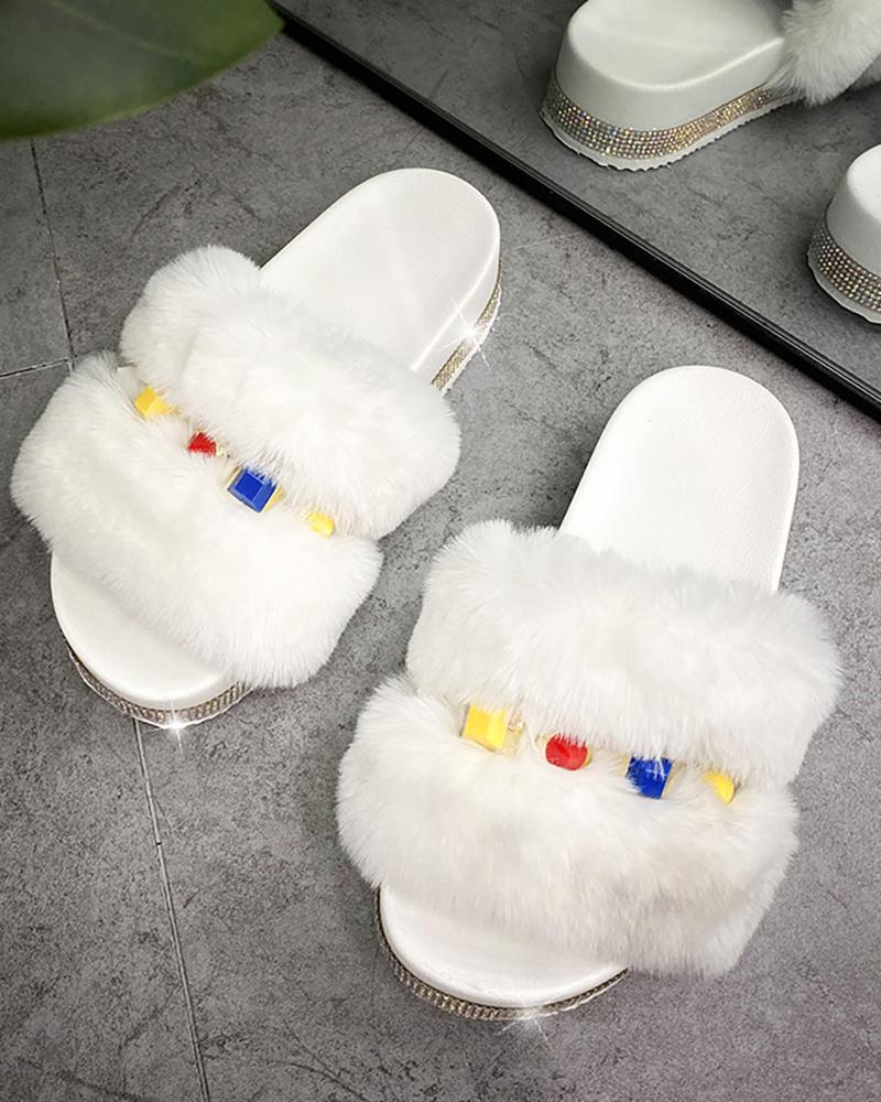 

Rhinestone Decor Studded Platform Fluffy Slipper, White
