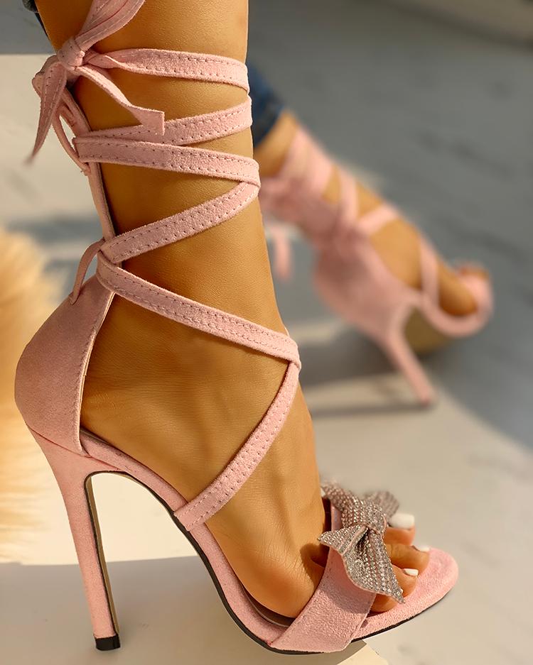 

Glitter Bow Crisscross Thin Heeled Sandals, Pink