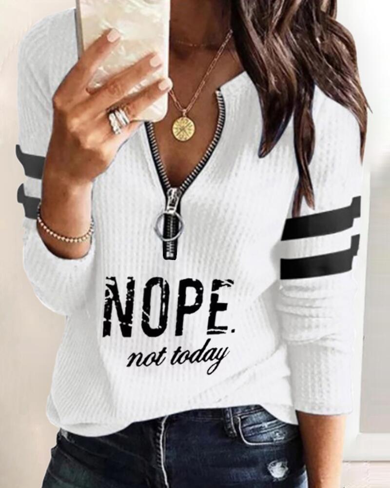 

Striped Nope Not Today Print Zip Front Top, White