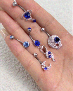 

5pcs Halloween Rhinestone Zircon Skull Head Star Moon Tassel Piercing Belly Rings Set, Blue