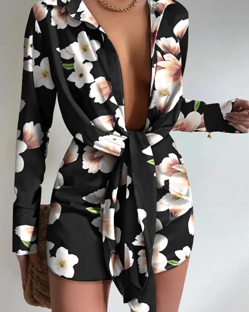 

Floral Print Tied Detail Long Sleeve Shirt Dress, Black