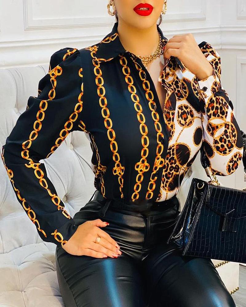 

Puff Sleeve Chain Cheetah Print Colorblock Shirt, Black