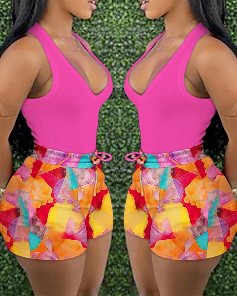 

Tank Top & Colorblock Print Shorts Set, Multicolor