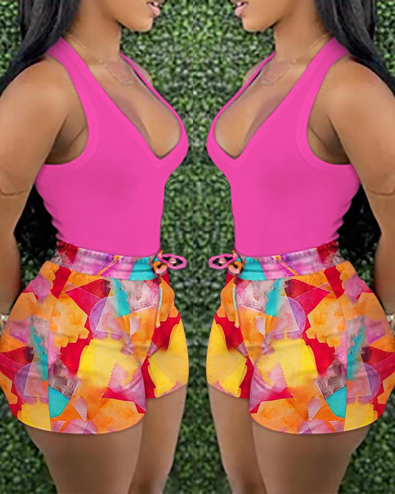 

Tank Top & Colorblock Print Shorts Set, Multicolor