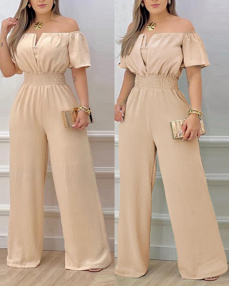 

Plain Off Shoulder Shirred Waist Jumpsuit, Khaki