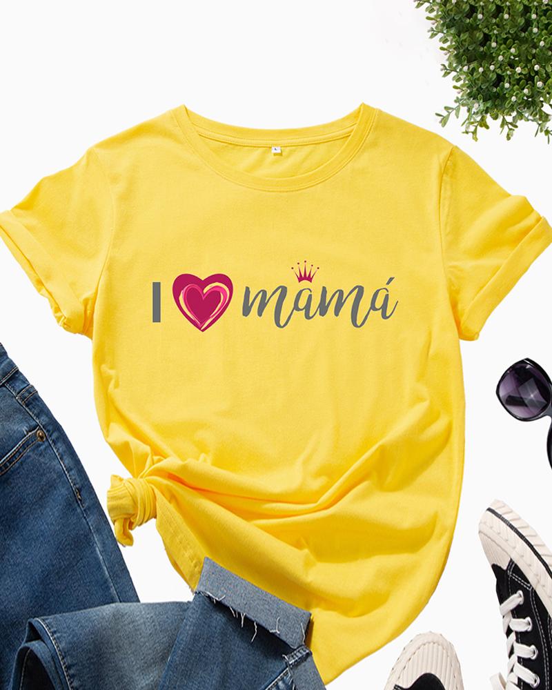 

Mother's Day Round Neck Letter Heart Print T-Shirt, Yellow