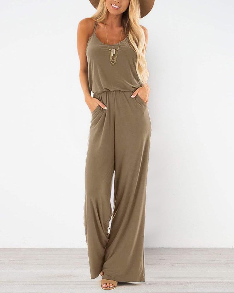 

Spaghetti Strap Pocket Design Jumpsuit, Coffee
