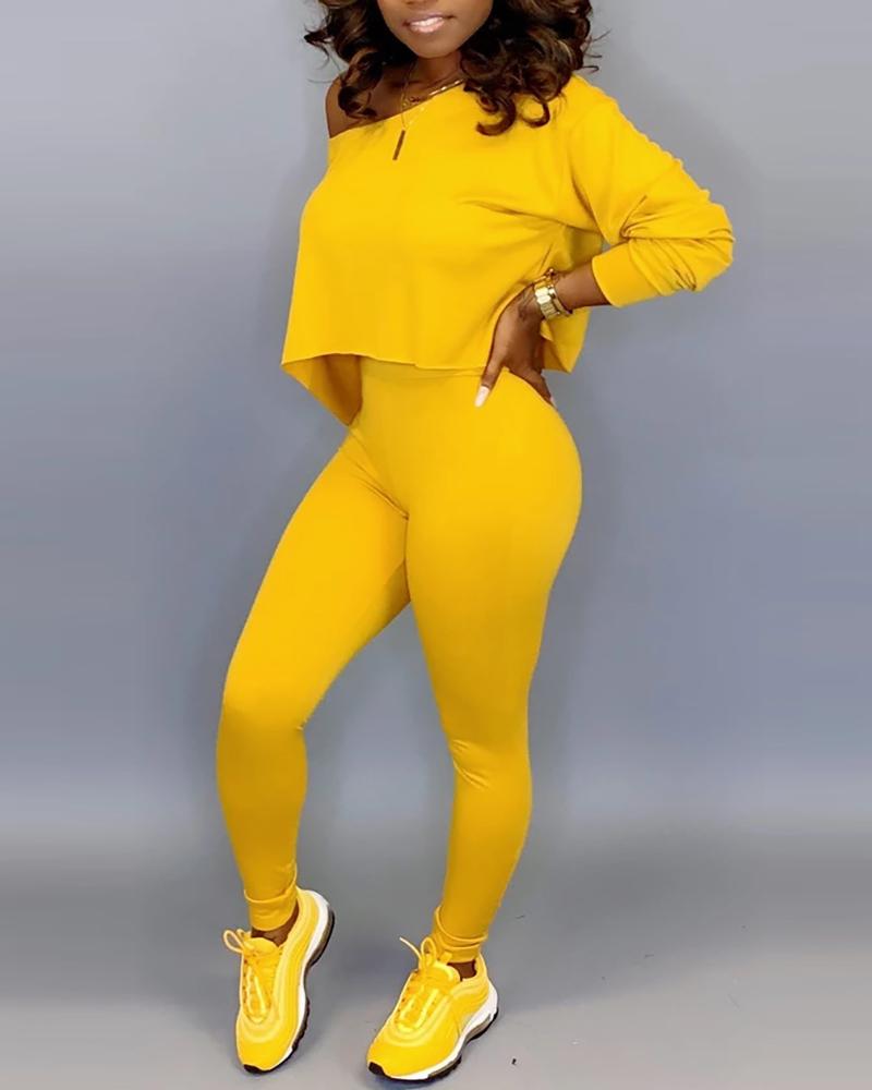 

Solid Long Sleeve Top & High Waist Pants Set, Yellow