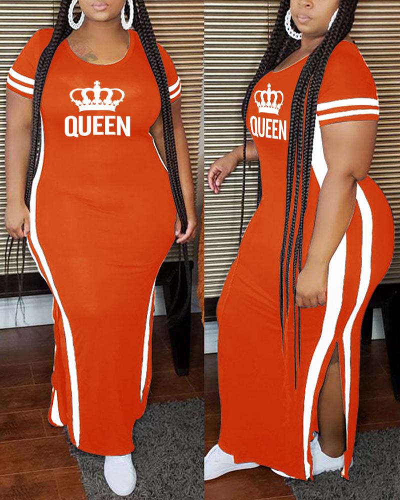 

Plus Size Letter Crown Print Split Hem Casual Dress, Orange