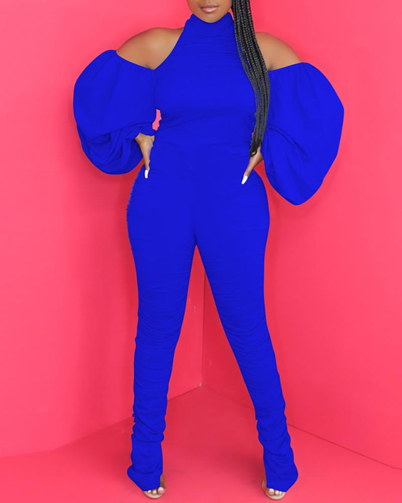 

Halter Backless Lantern Sleeve Ruched Jumpsuit, Blue