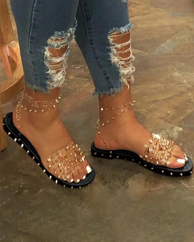 

Rivet Clear Perspex Ankle Strap Flat Slider Sandals, Black
