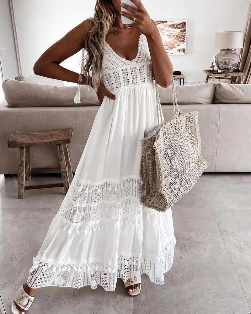 

Crochet Lace Patch Tassel Design Cami Maxi Dress, White