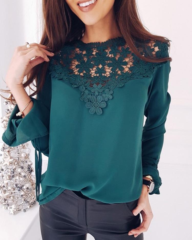 

Sexy Flare Sleeve Lace Patchwork Women Blouse, Green