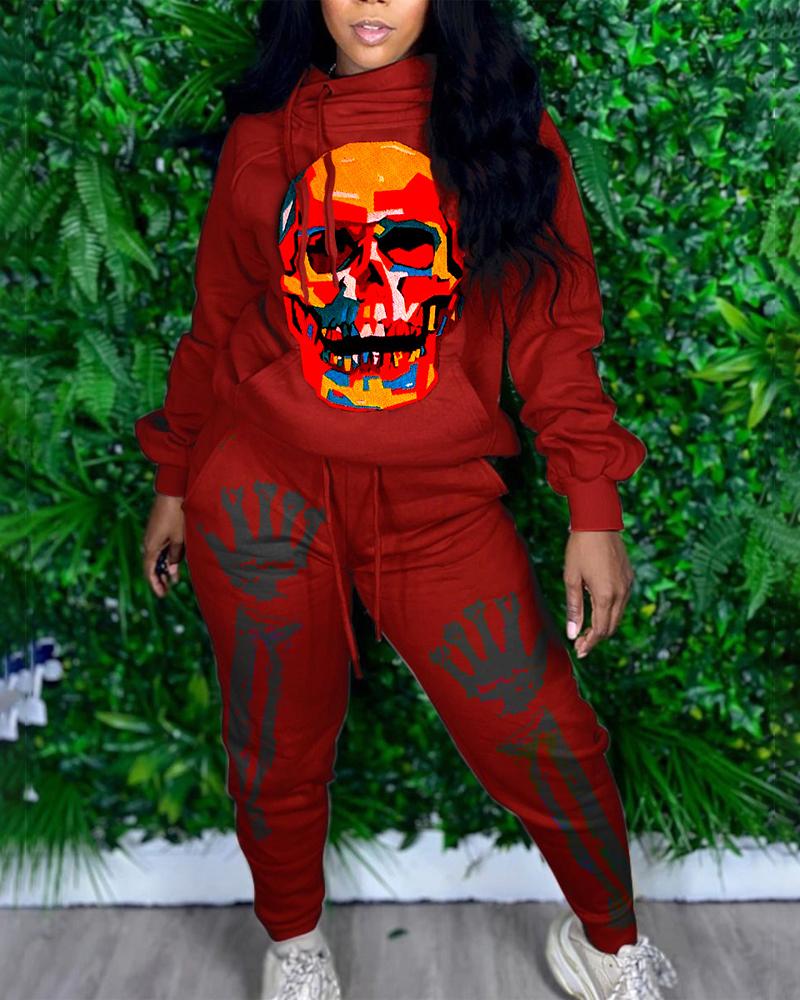 

Halloween Skull Print Drawstring Hoodie & Pants Set, Wine red