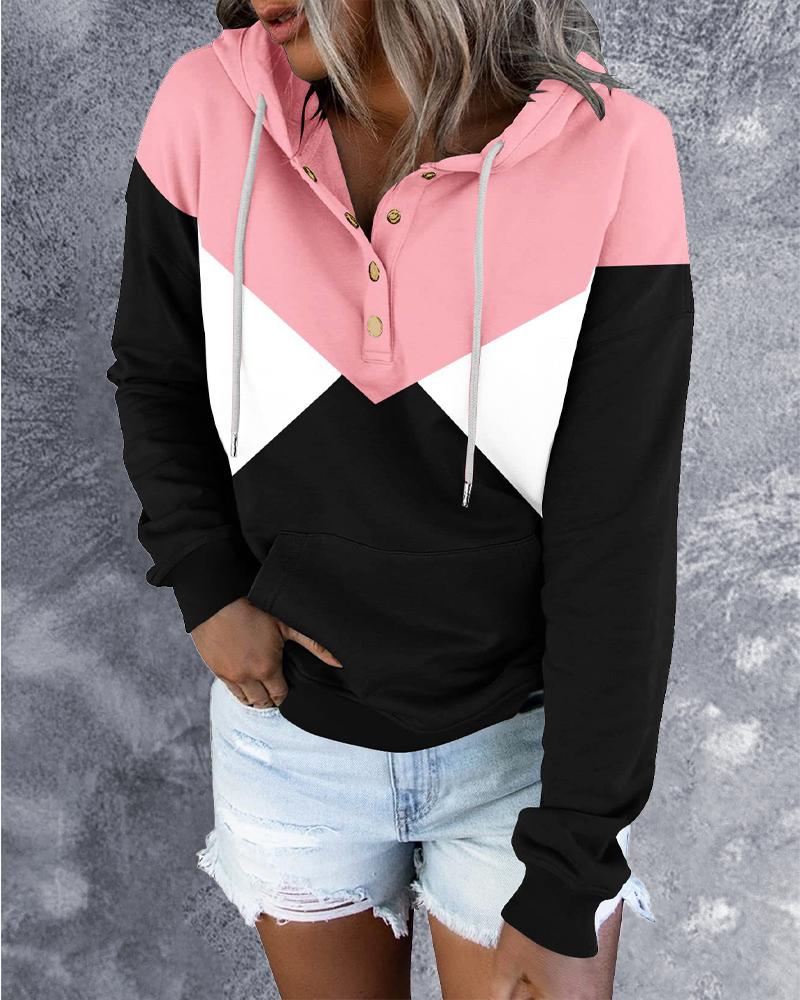 

Colorblock Long Sleeve Drawstring Hoodie, Pink