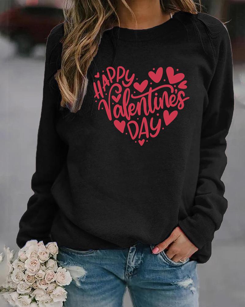 

Valentine' Day Heart Letter Print Long Sleeve Top, Black