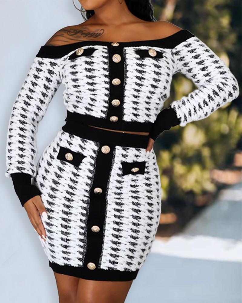 

Plus Size Button Front Long Sleeve Crop Top & High Waist Skirt Set, Black