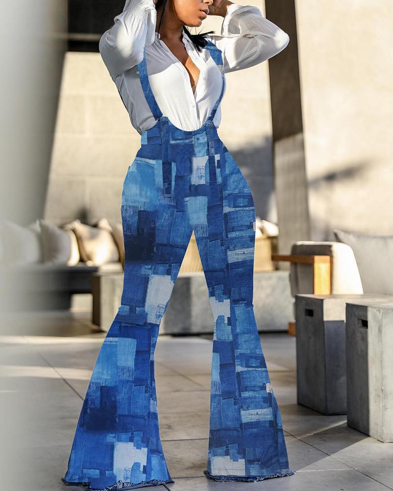 

Denim Print Fringe Hem Bootcut Suspender Jumpsuit, Blue